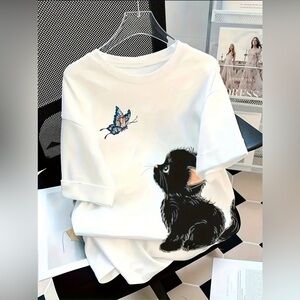 Graphic Tee Shirt Black Cat Blue Butterfly White Cotton Women’s Plus Size XXL